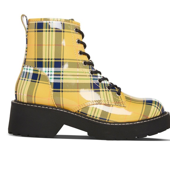 MADDEN GIRL WOMENS CARRA COMBAT BOOT YELLOW PLAID - Picture 2 of 5